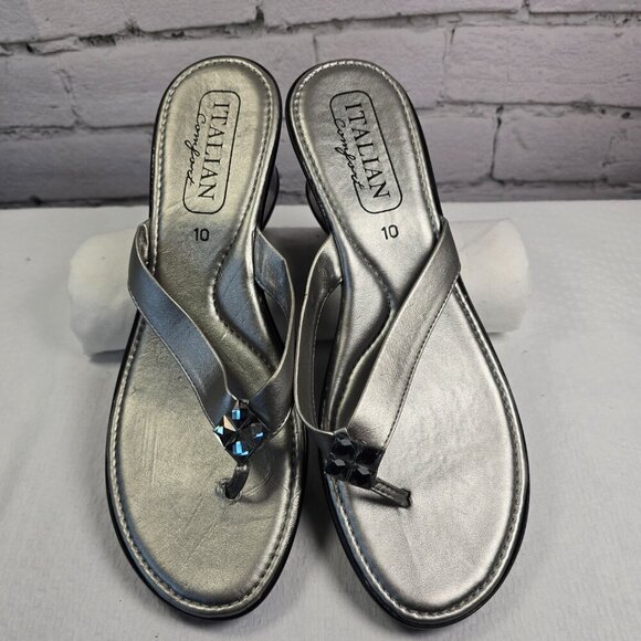WOMENS ITALIAN SHOEMAKERS THONG WEDGE SANDAL SILVER SIZE 10  EUC - Picture 8 of 10